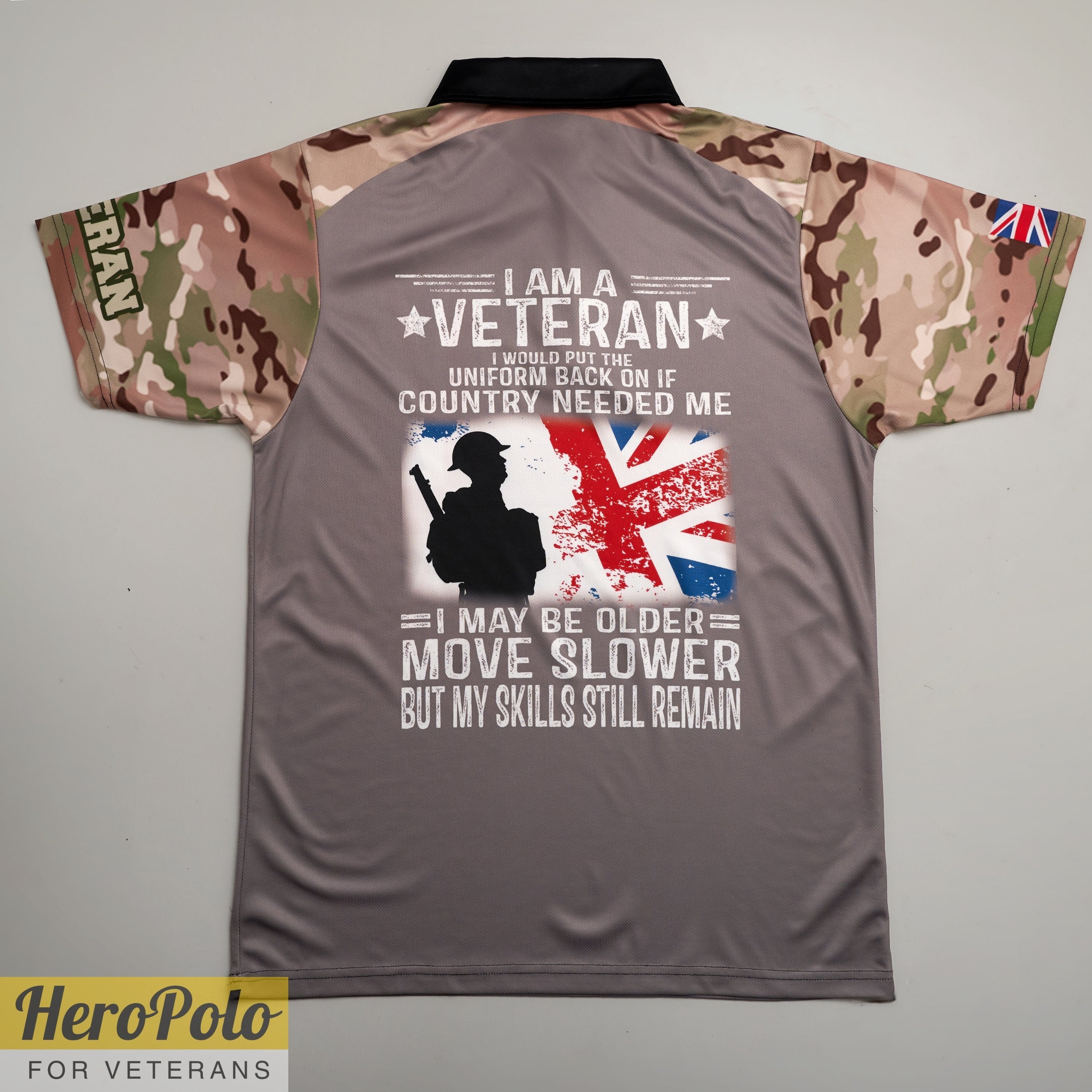 HP176_UK I AM A Veteran Remembrance "Lest We Forget" Full-Print Polo Shirt