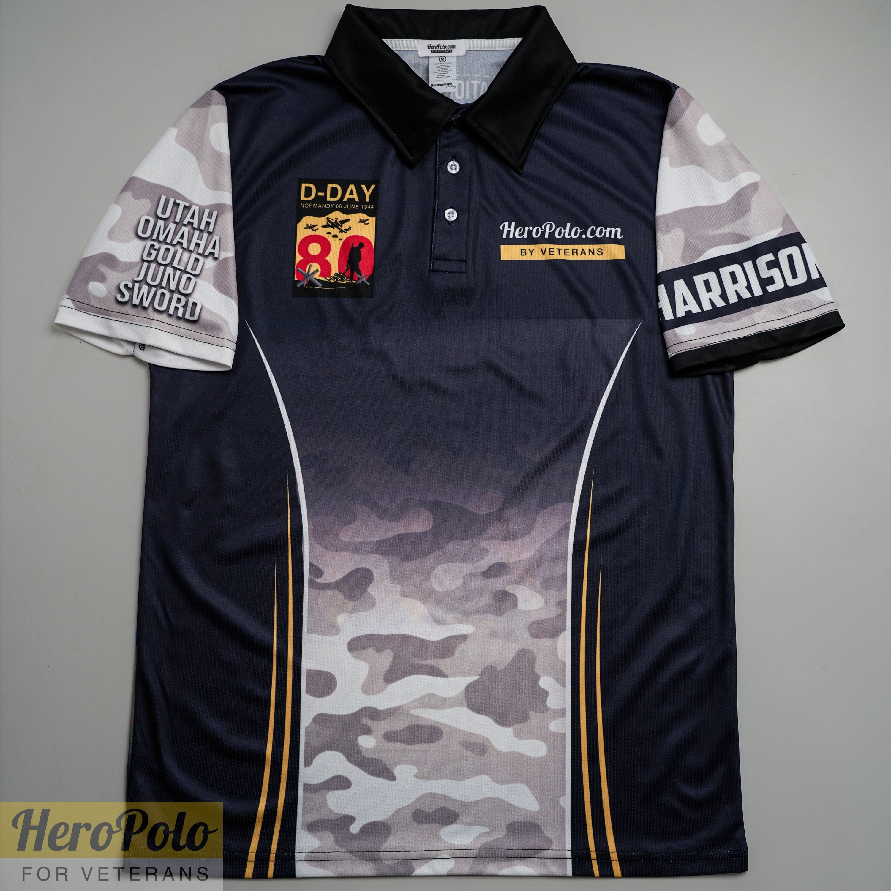 HP174_80 DDay Anniversary UK Veteran Remembrance "Lest We Forget" Full-Print Polo Shirt