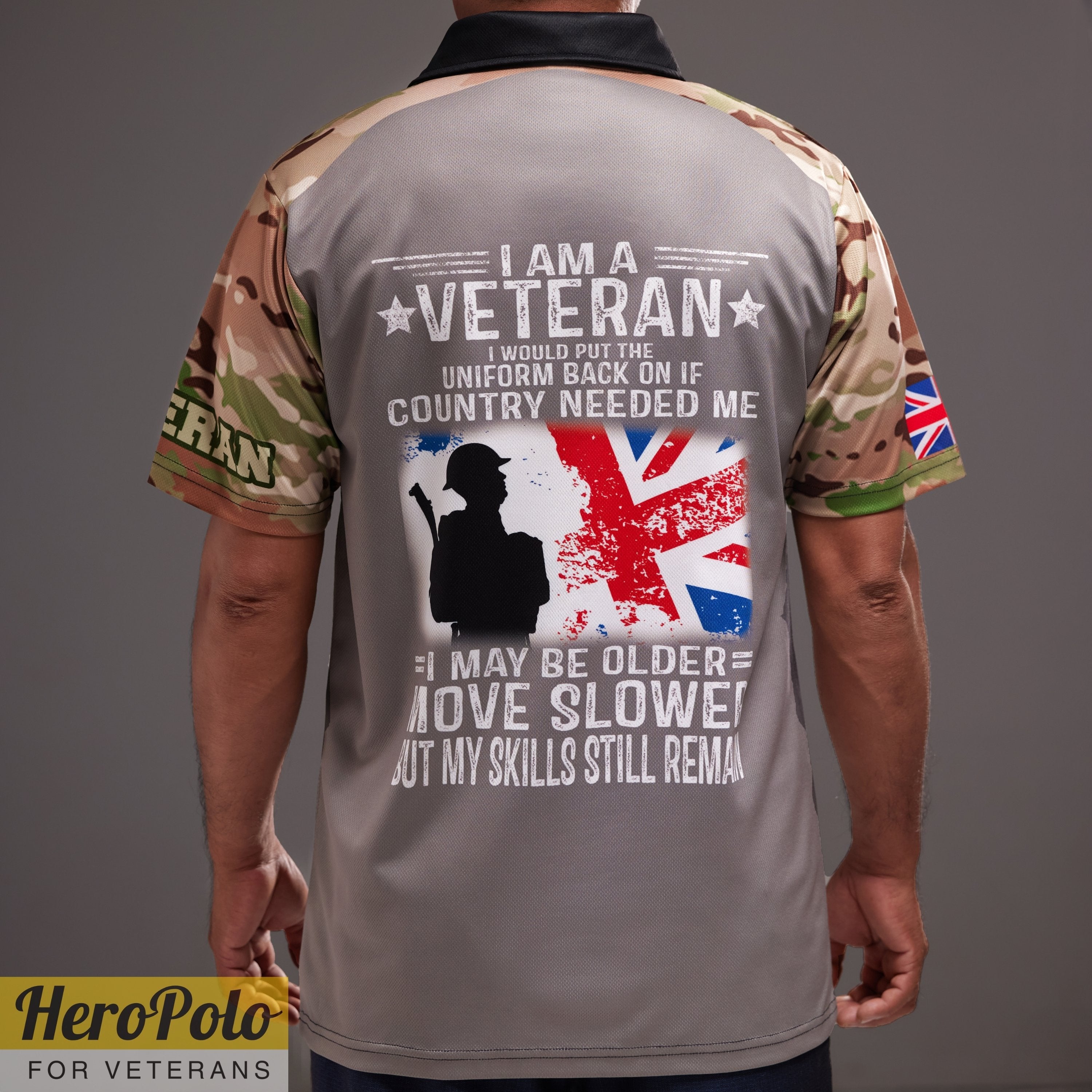 HP176_UK I AM A Veteran Remembrance "Lest We Forget" Full-Print Polo Shirt