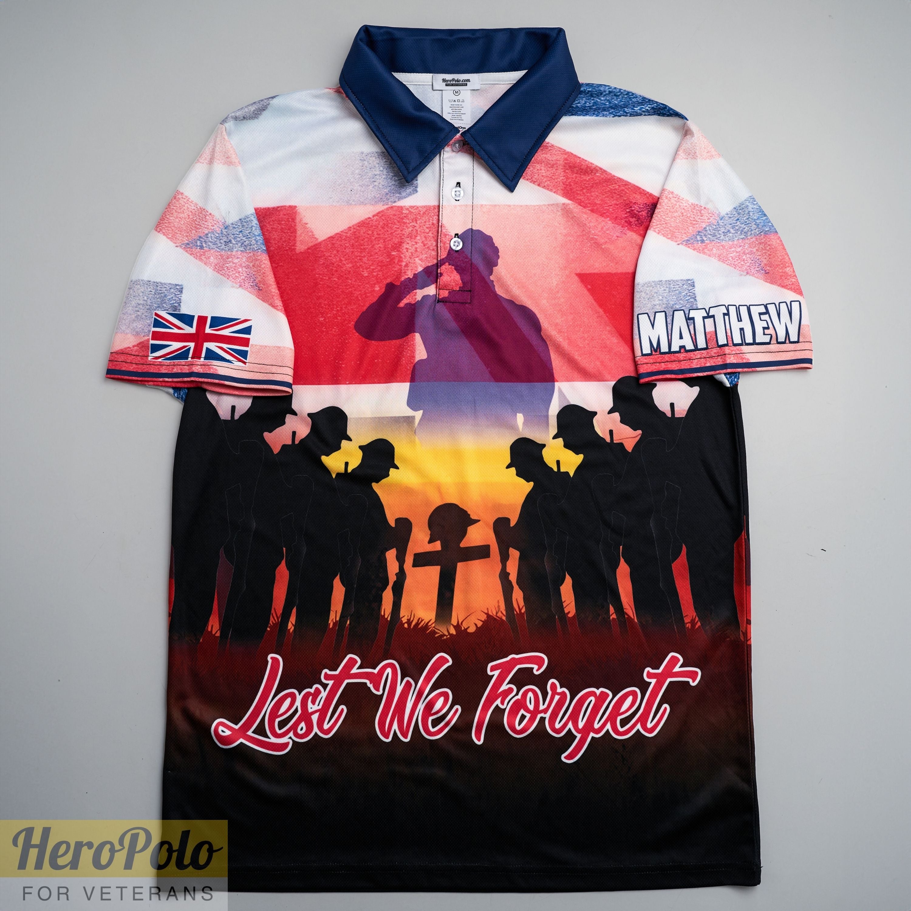 HP171_UK Veteran Remembrance "Lest We Forget" Full-Print Polo Shirt